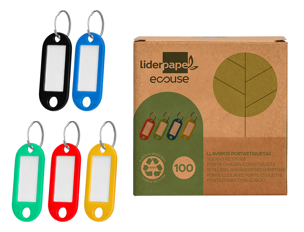 PORTE-CLES AVEC PORTE-ETIQUETTES LIDERPAPEL   ECOUSE PLASTIQUE 100% RECYCLE 50X22MM BOITE DE 100 ASSORTIS