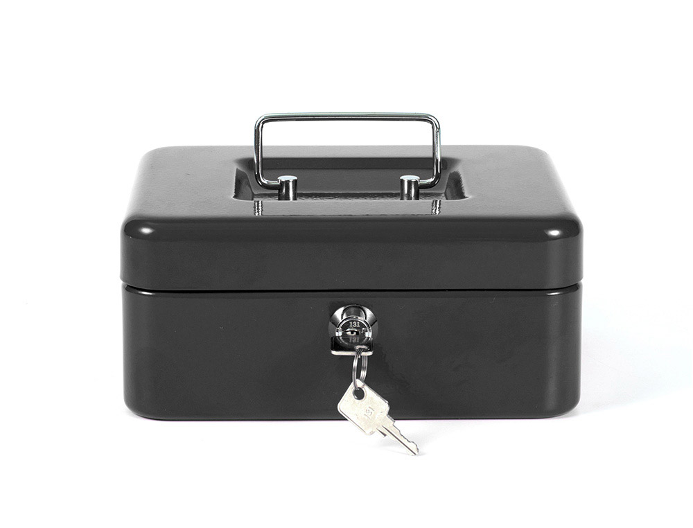 CAISSE MONNAIE Q-CONNECT STRUCTURE ACIER 0.8MM PAISSEUR PLATEAU AMOVIBLE ESPACE BILLETS 200X160X90MM COLORIS NOIR