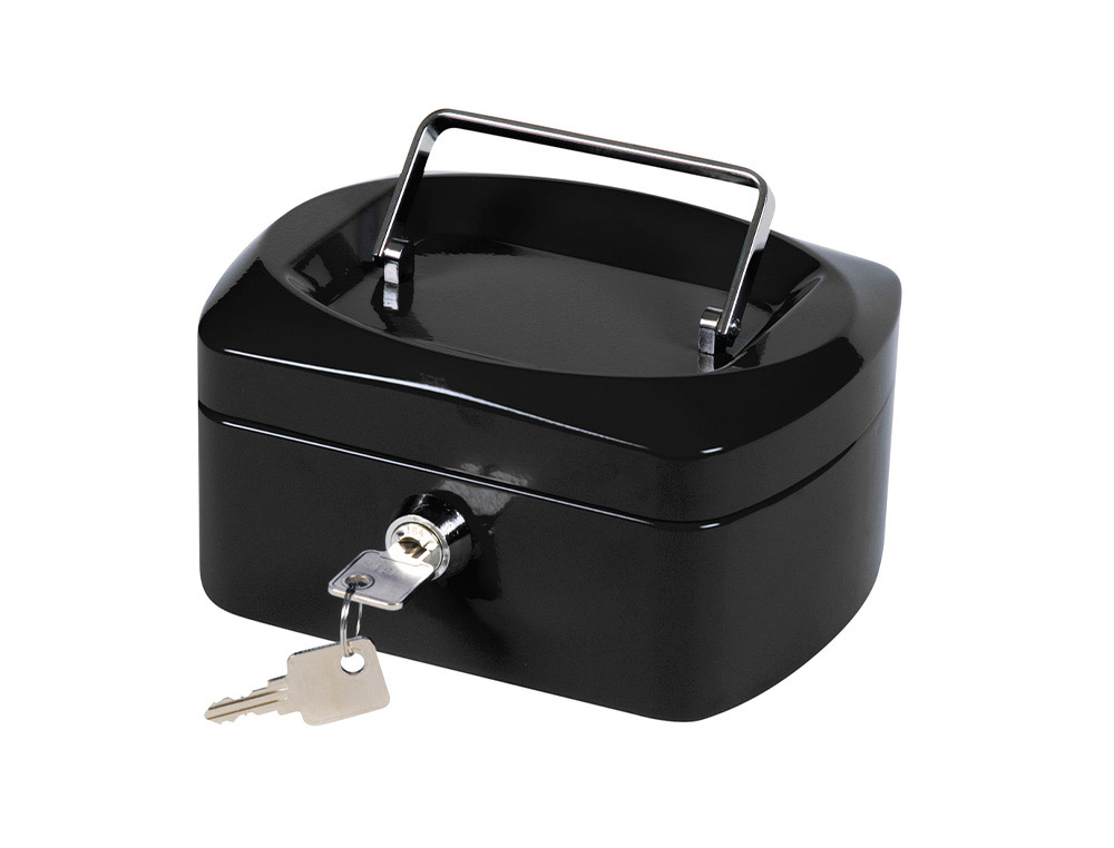 CAISSE MONNAIE Q-CONNECT STRUCTURE ACIER 0.8MM PAISSEUR PLATEAU AMOVIBLE ESPACE BILLETS 152X80X115MM COLORIS NOIR