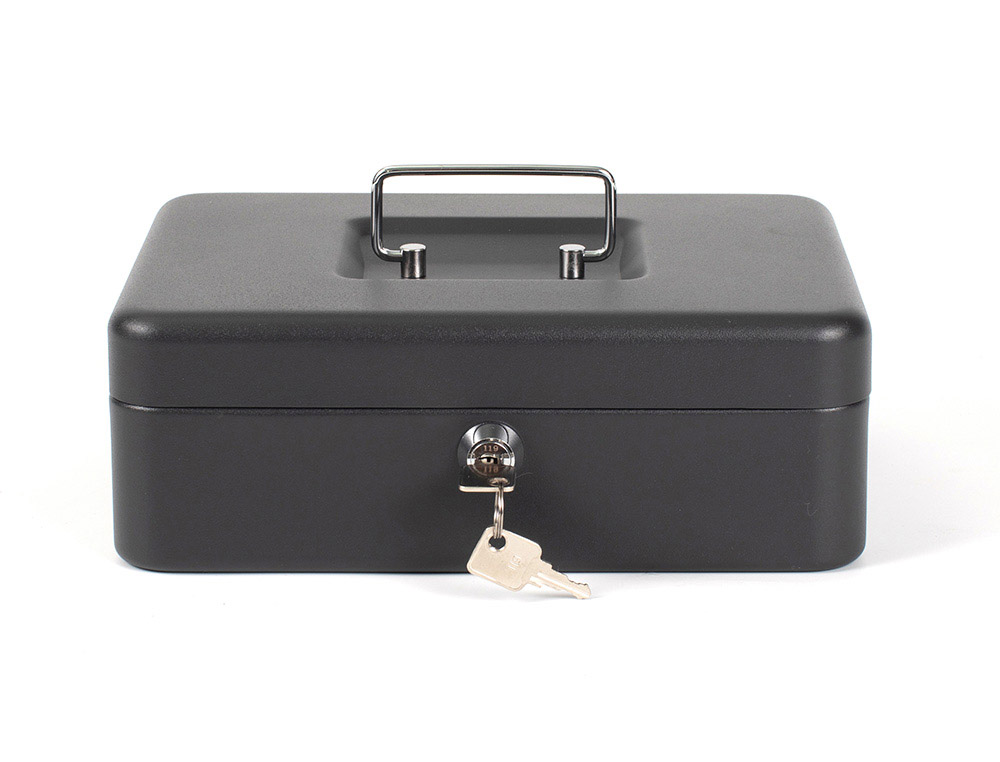 CAISSE MONNAIE Q-CONNECT STRUCTURE ACIER 0.8MM PAISSEUR PLATEAU AMOVIBLE ESPACE BILLETS 250X180X90MM COLORIS NOIR