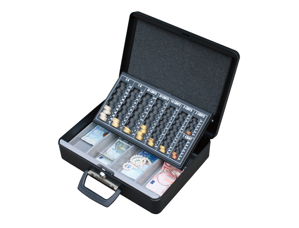 CAISSE MONNAIE Q-CONNECT STRUCTURE ACIER 0.8MM PAISSEUR PLATEAU AMOVIBLE ESPACE BILLETS 370X110X290MM COLORIS NOIR