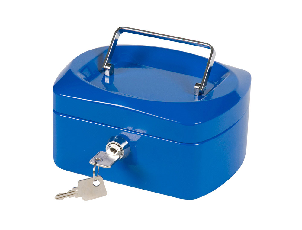 CAISSE MONNAIE Q-CONNECT STRUCTURE ACIER 0.8MM PAISSEUR PLATEAU AMOVIBLE ESPACE BILLETS 152X80X115MM COLORIS BLEU