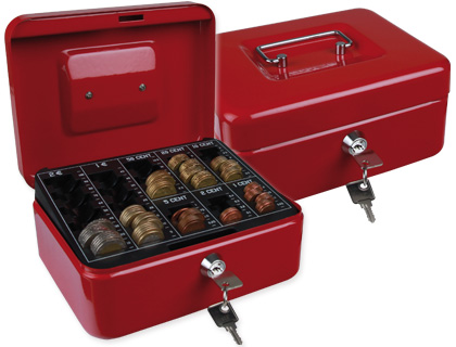 CAISSE MONNAIE Q-CONNECT STRUCTURE ACIER 0.8MM PAISSEUR PLATEAU AMOVIBLE ESPACE BILLETS 200X160X90MM COLORIS ROUGE