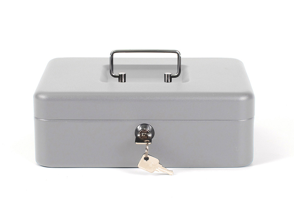 CAISSE MONNAIE Q-CONNECT STRUCTURE ACIER 0.8MM PAISSEUR PLATEAU AMOVIBLE ESPACE BILLETS 250X180X90MM COLORIS ARGENT